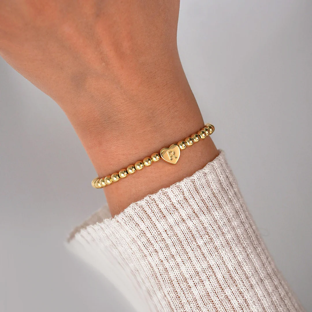 Gold Beaded Bracelet with Heart Initial - Image 4