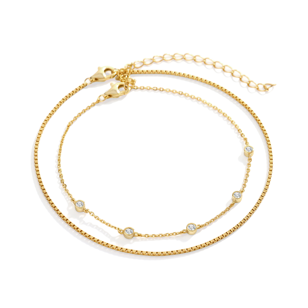 Bezel Set Diamond Bracelet and Box Chain Bracelet Stacking Set