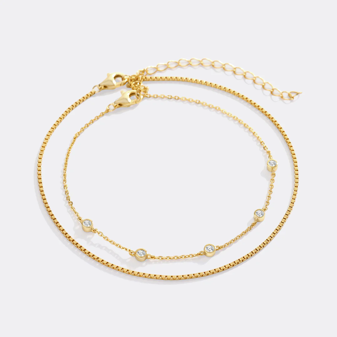 Bezel Set Diamond Bracelet and Box Chain Bracelet Stacking Set - Image 2