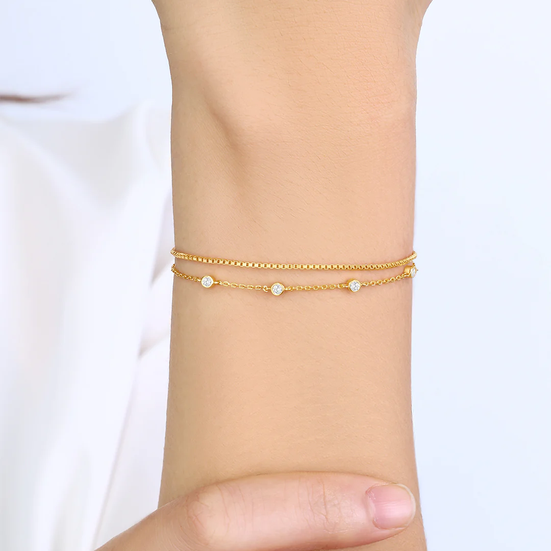 Bezel Set Diamond Bracelet and Box Chain Bracelet Stacking Set - Image 3