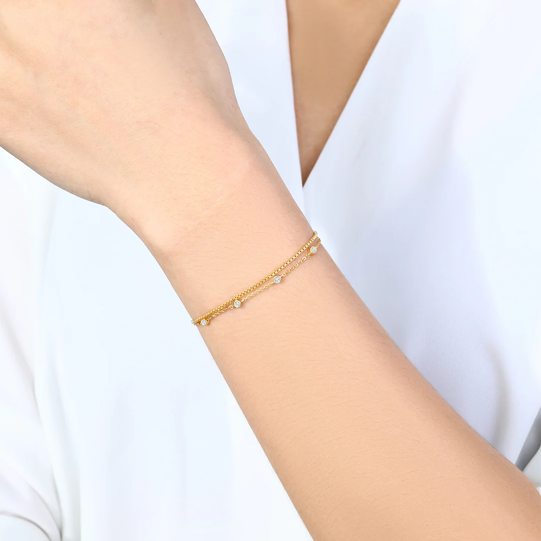 Bezel Set Diamond Bracelet and Box Chain Bracelet Stacking Set - Image 4