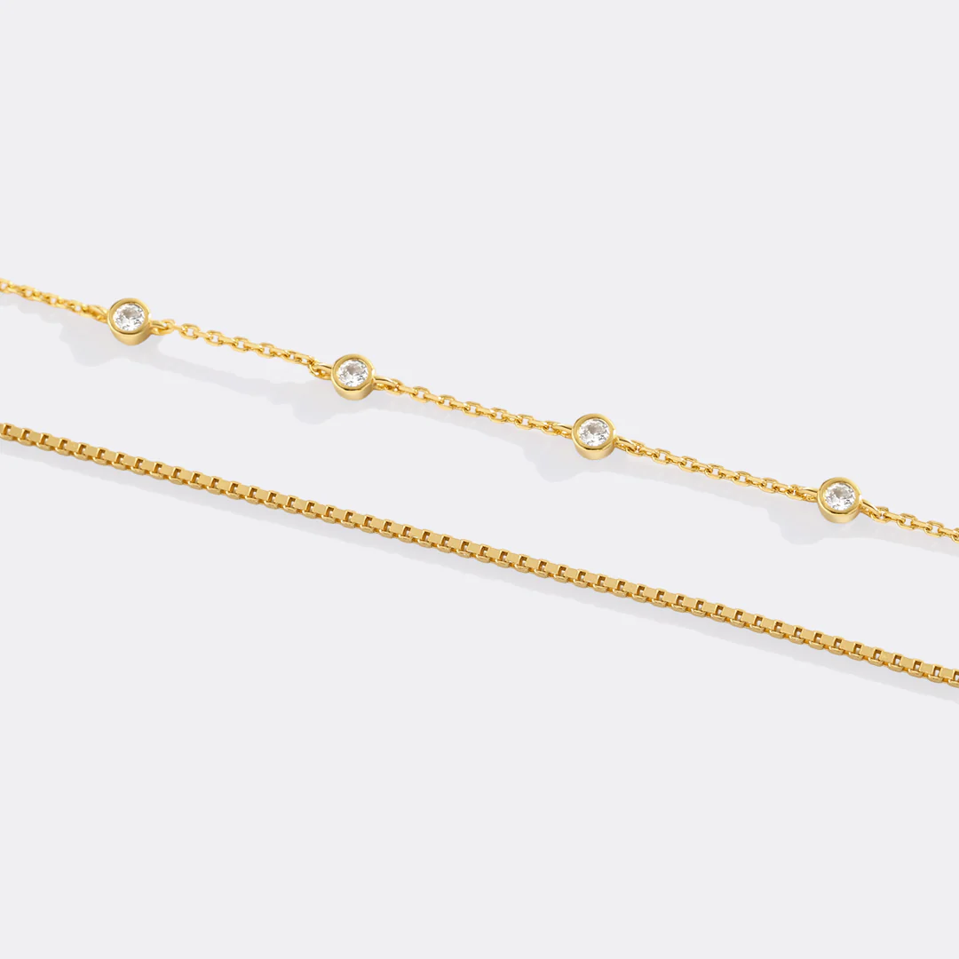 Bezel Set Diamond Bracelet and Box Chain Bracelet Stacking Set - Image 5