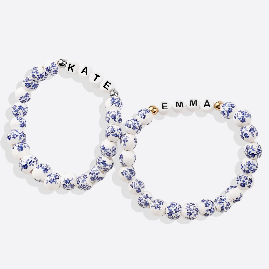 Custom Name Blue Porcelain Floral Beaded Bracelet - Image 25