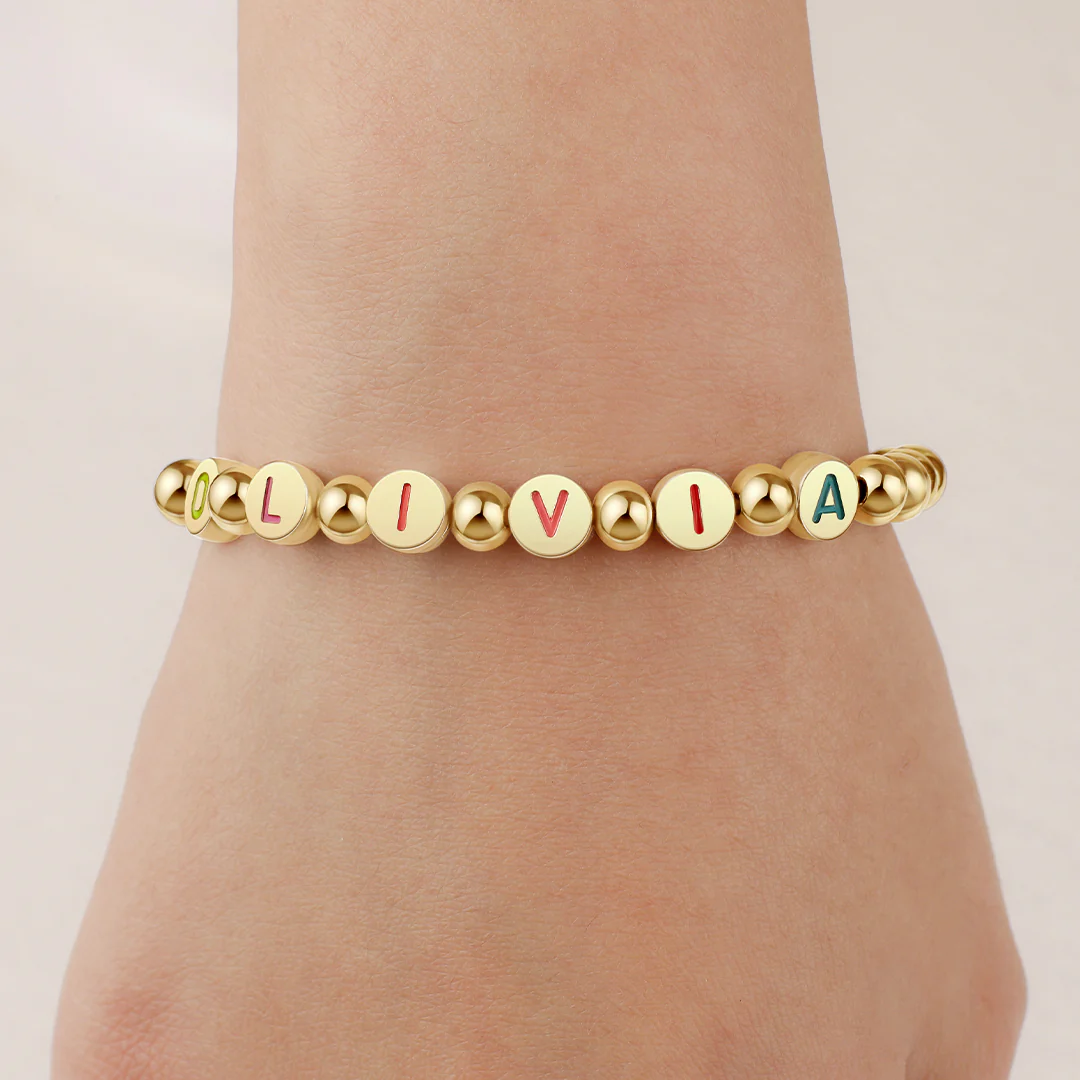 Custom Rainbow Letter Gold Disc Beaded Bracelet - Image 10