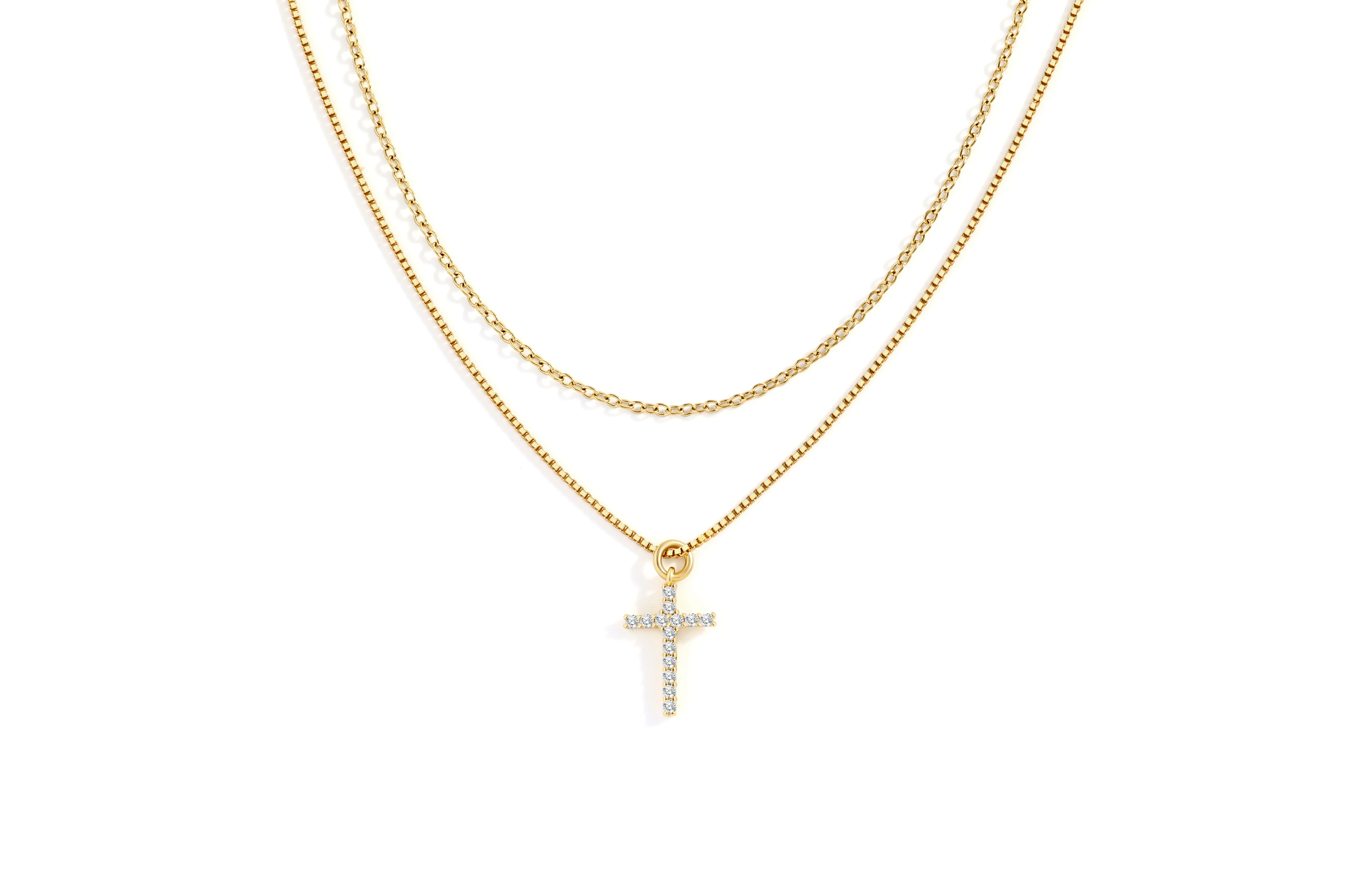 Dainty Cable Necklace with Pave Cross Chain Necklace Stacking Set - Image 3
