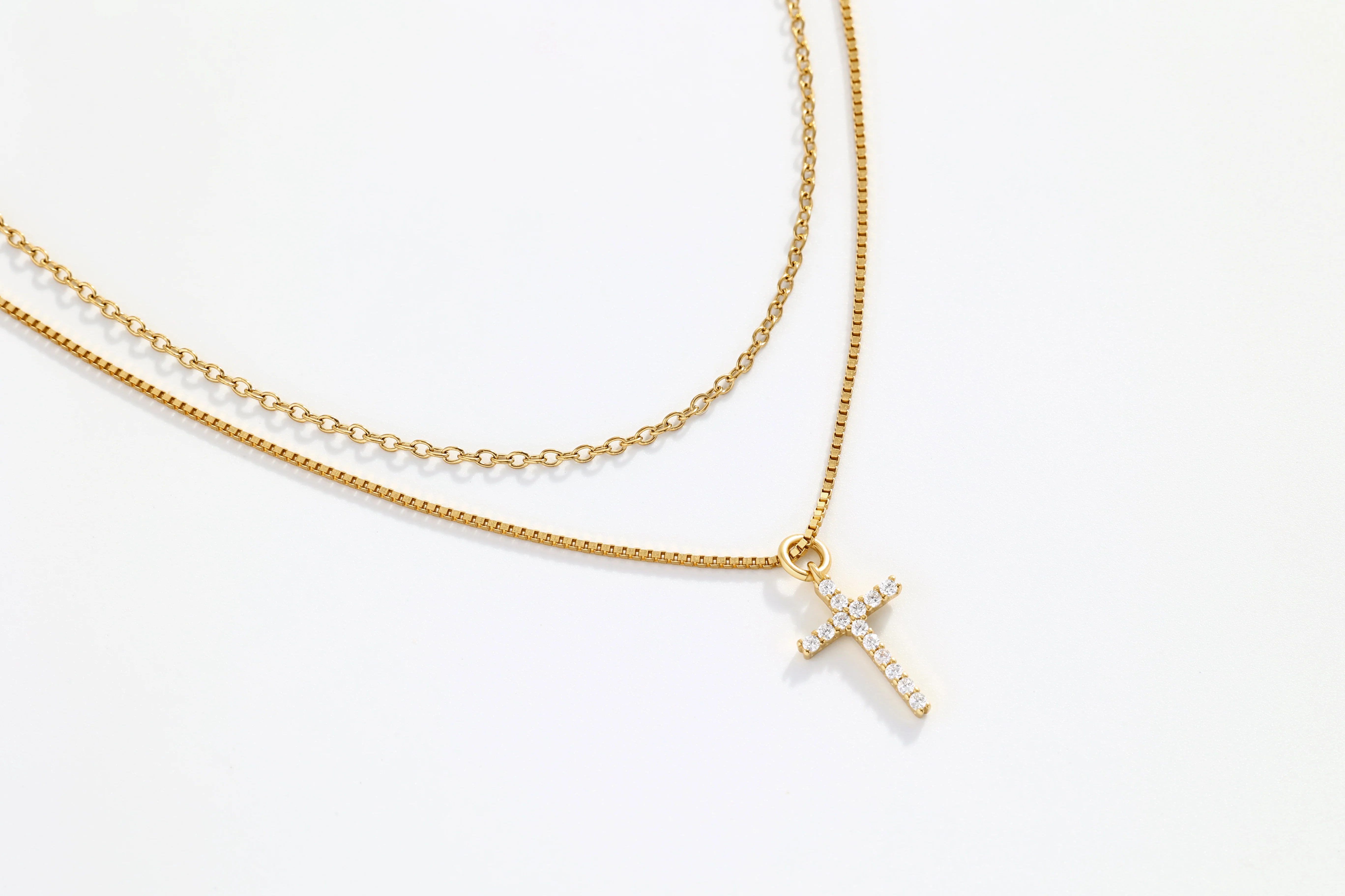 Dainty Cable Necklace with Pave Cross Chain Necklace Stacking Set - Image 4