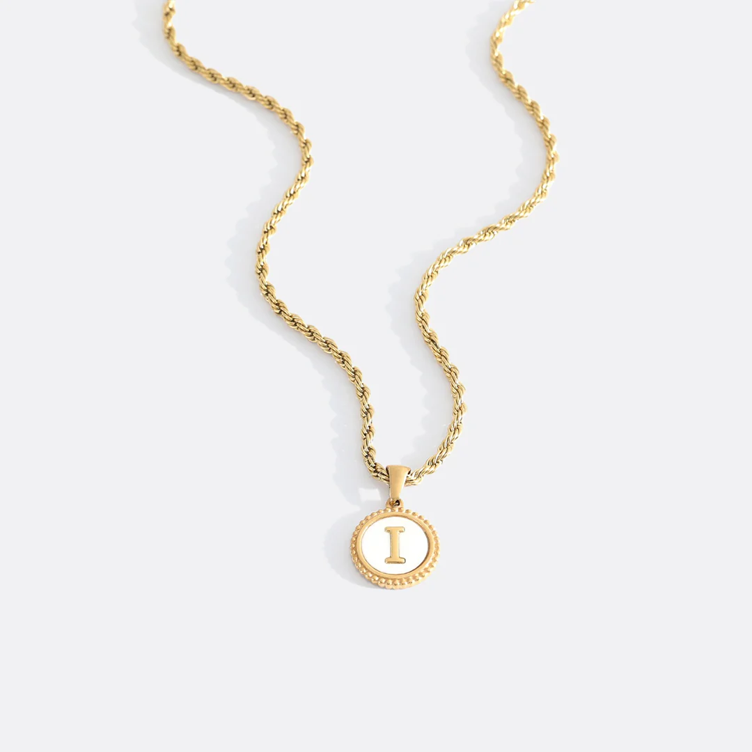 Mother of Pearl Disc Letter Necklace with Rope Chain - Image 13