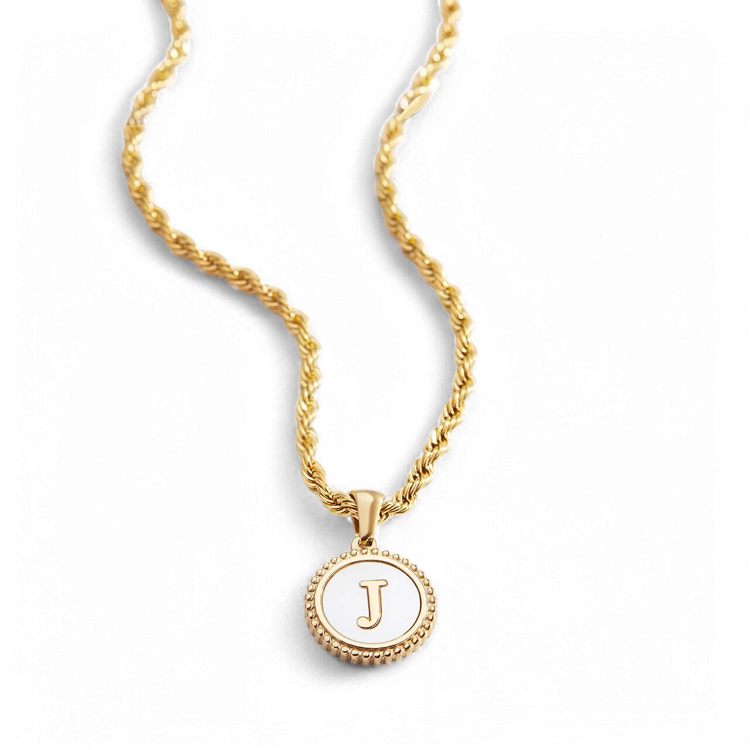 Mother of Pearl Disc Letter Necklace with Rope Chain - Image 3