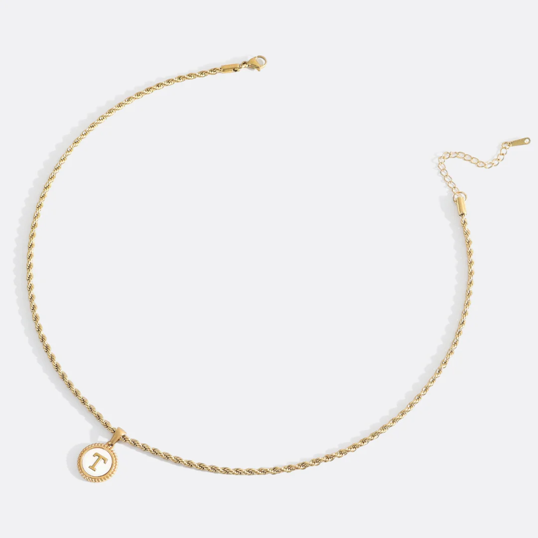 Mother of Pearl Disc Letter Necklace with Rope Chain - Image 50