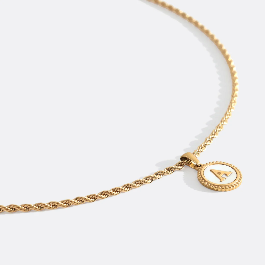 Mother of Pearl Disc Letter Necklace with Rope Chain - Image 57