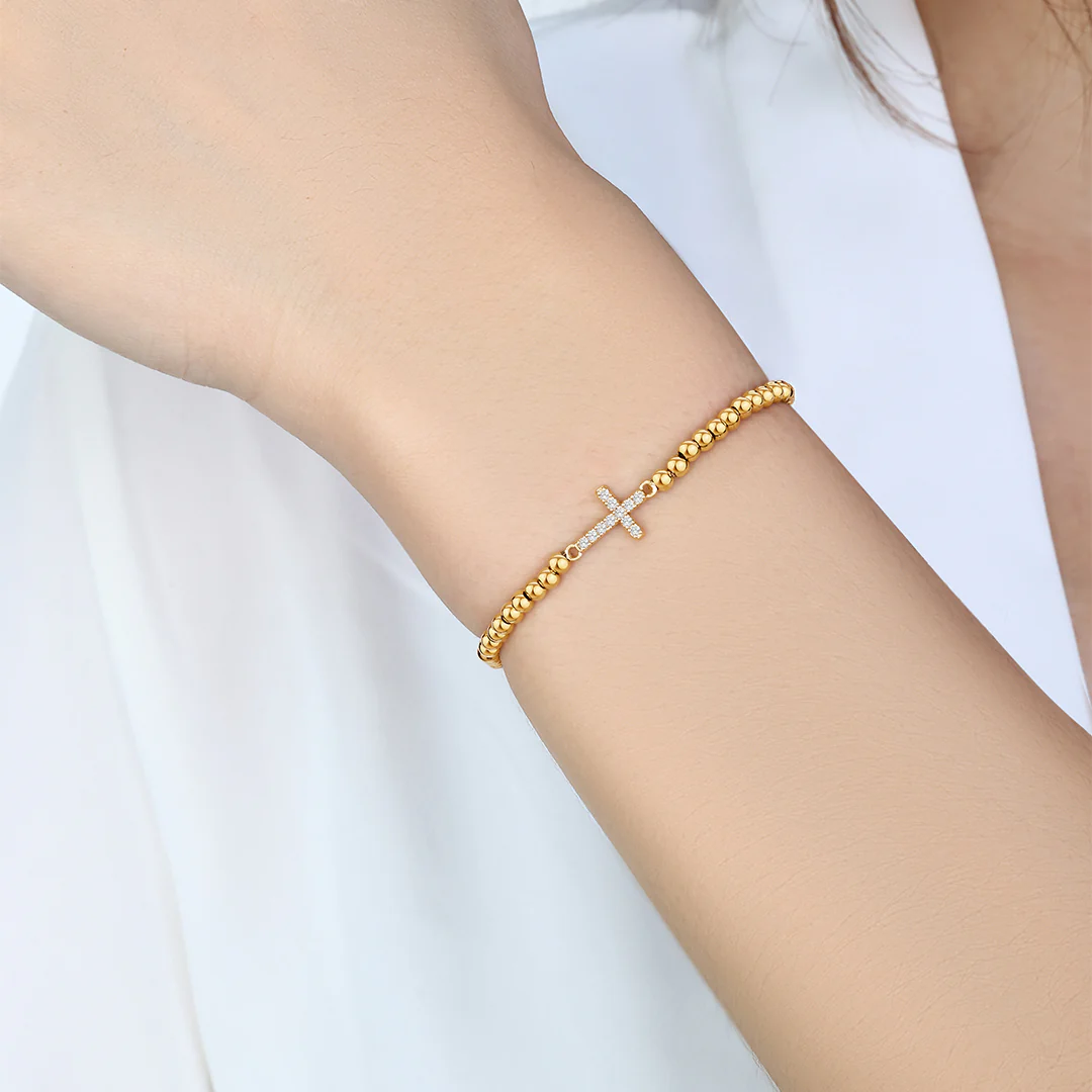 Gold Beaded Cross Stretch Bracelet - Image 4