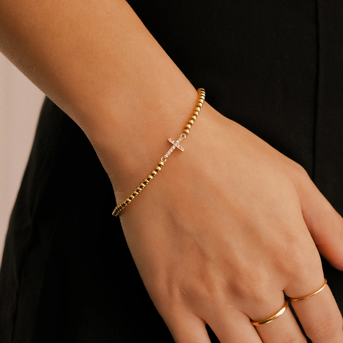 Gold Beaded Cross Stretch Bracelet - Image 8