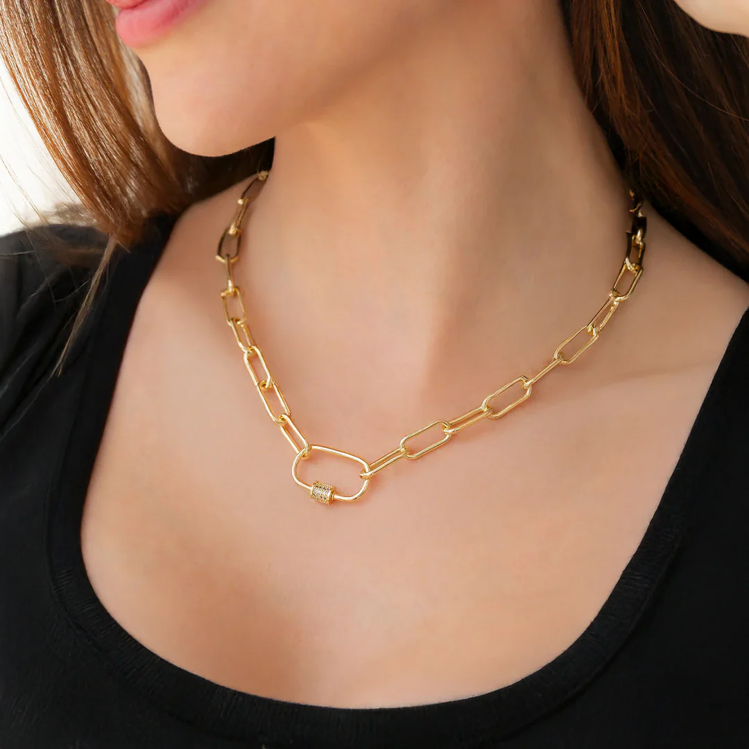 Link Chain Necklace with Pave Carabiner Clasp - Image 20