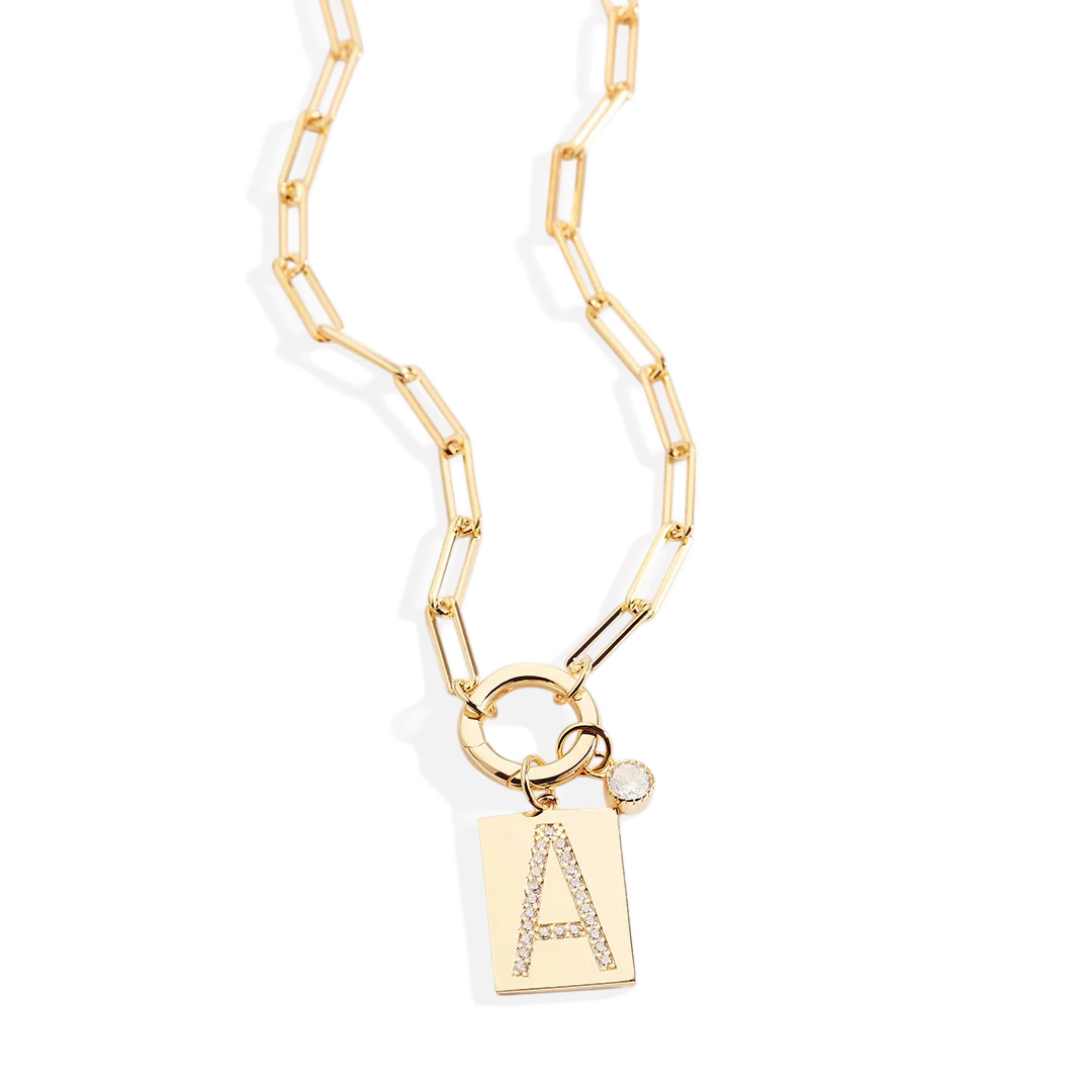 Gold Pave Initial Pendant Necklace with Paperclip Chain - Image 3