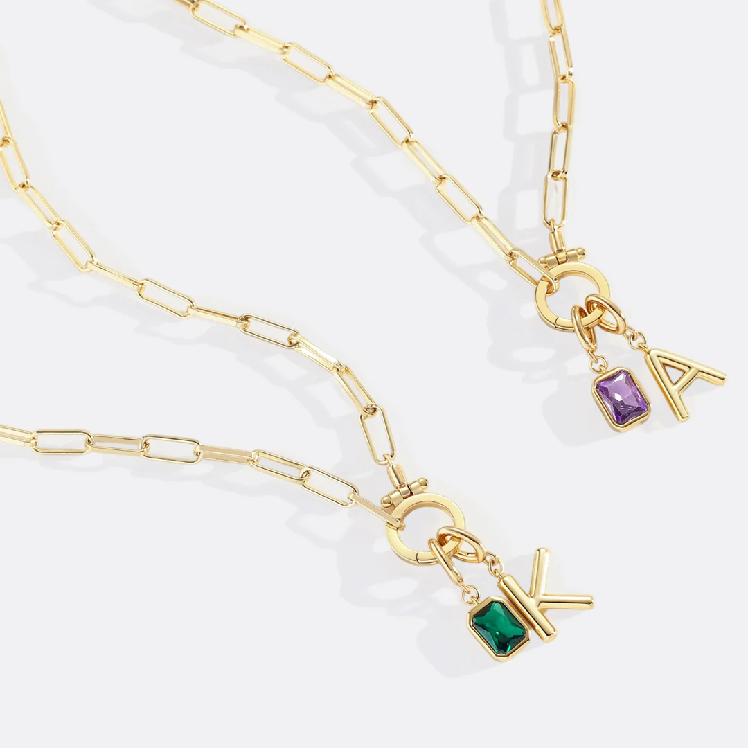 Mint Paperclip Necklace with Initial & Birthstone Charm - Image 12