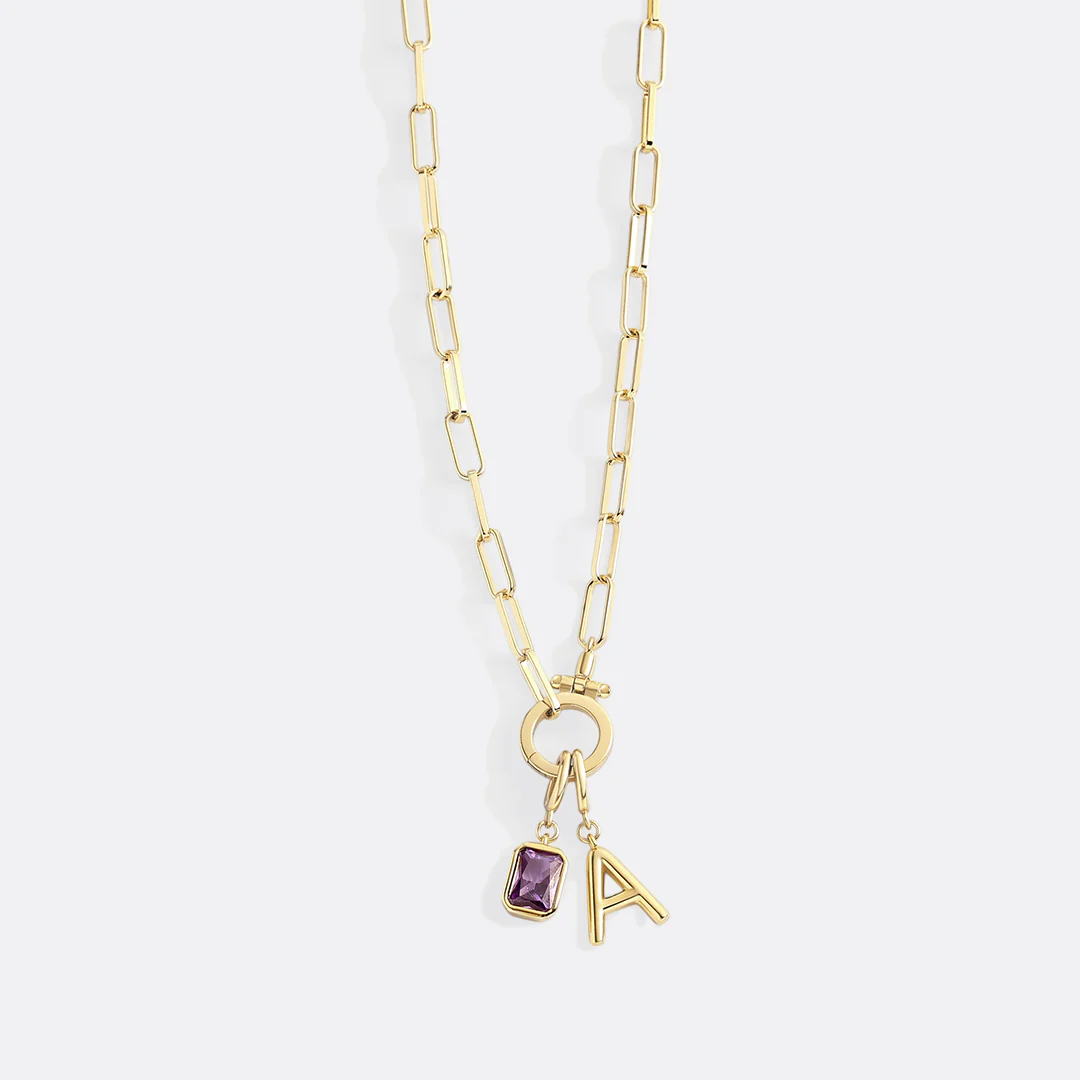 Mint Paperclip Necklace with Initial & Birthstone Charm - Image 14