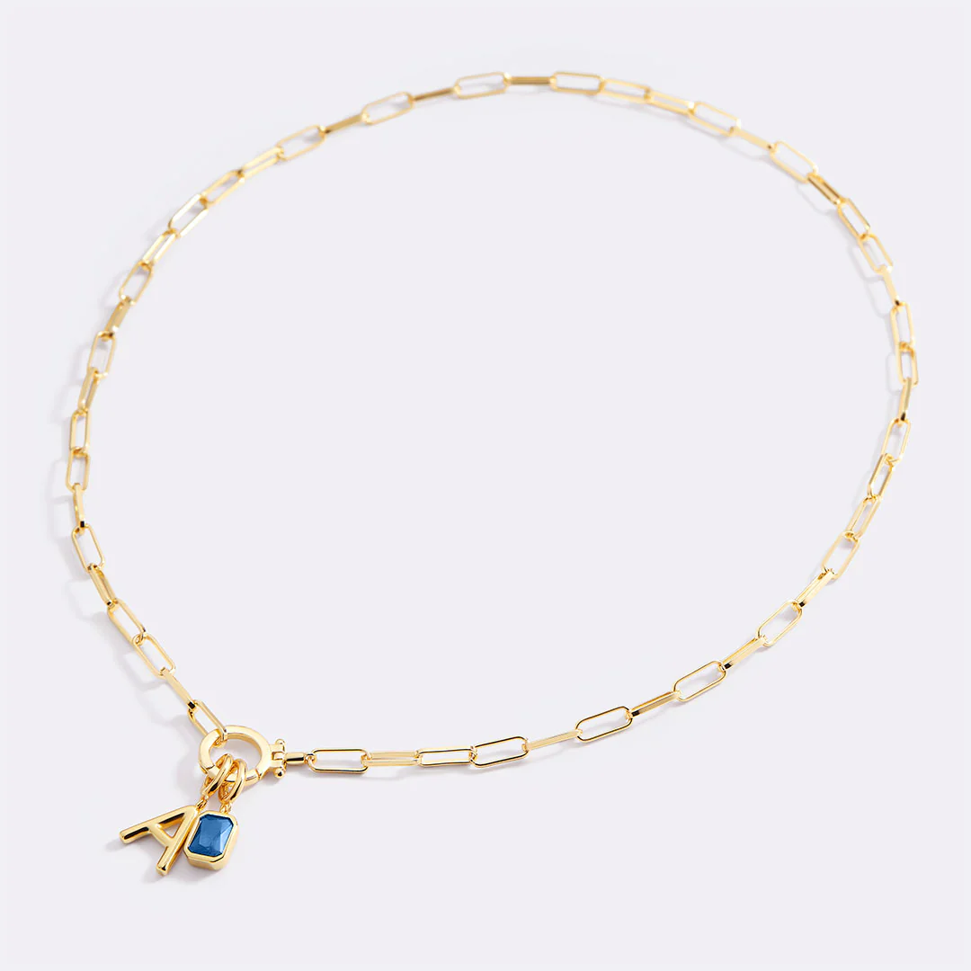 Mint Paperclip Necklace with Initial & Birthstone Charm - Image 19