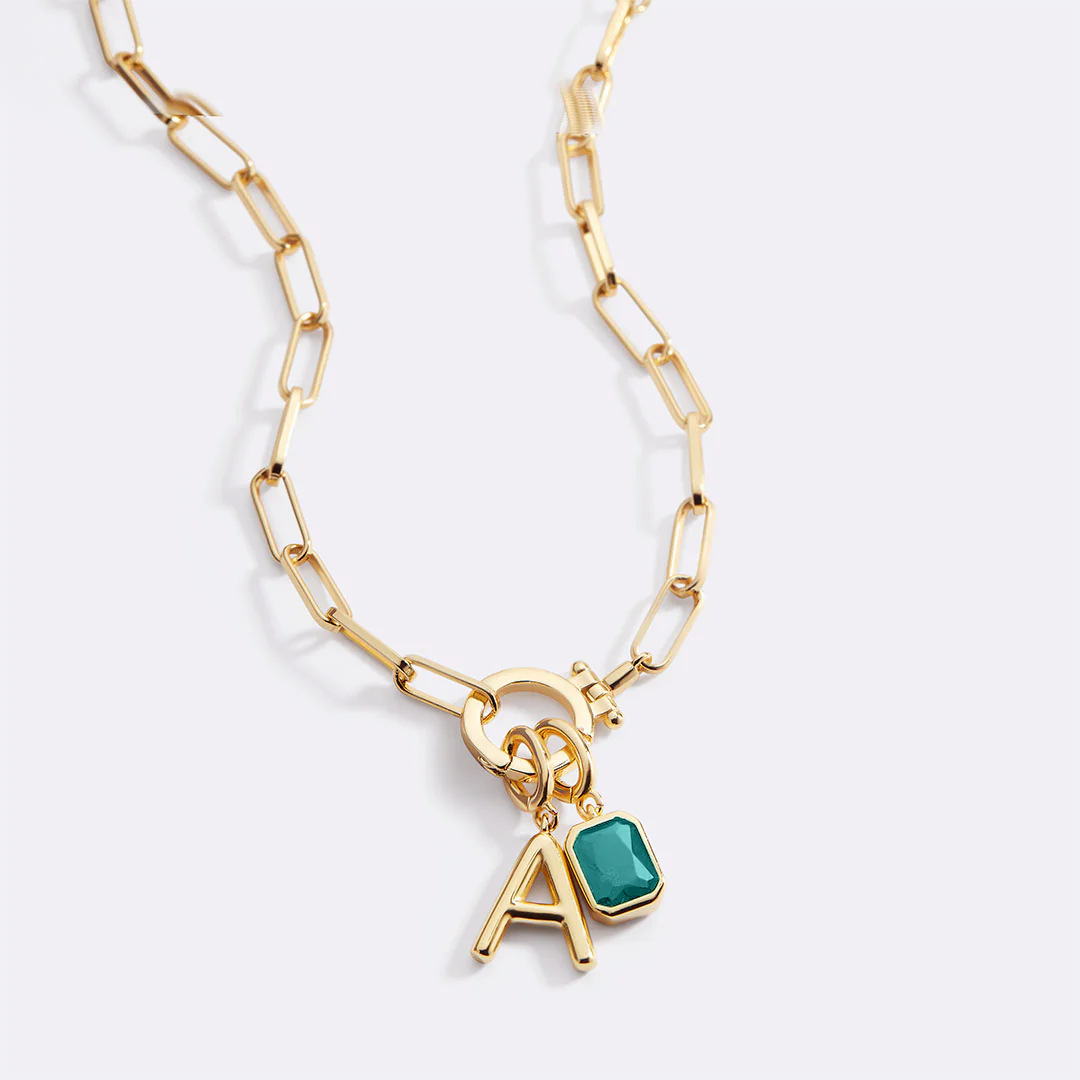Mint Paperclip Necklace with Initial & Birthstone Charm - Image 26