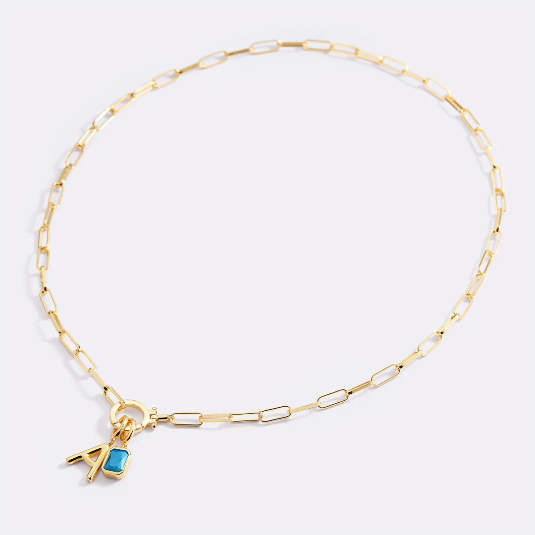 Mint Paperclip Necklace with Initial & Birthstone Charm - Image 35