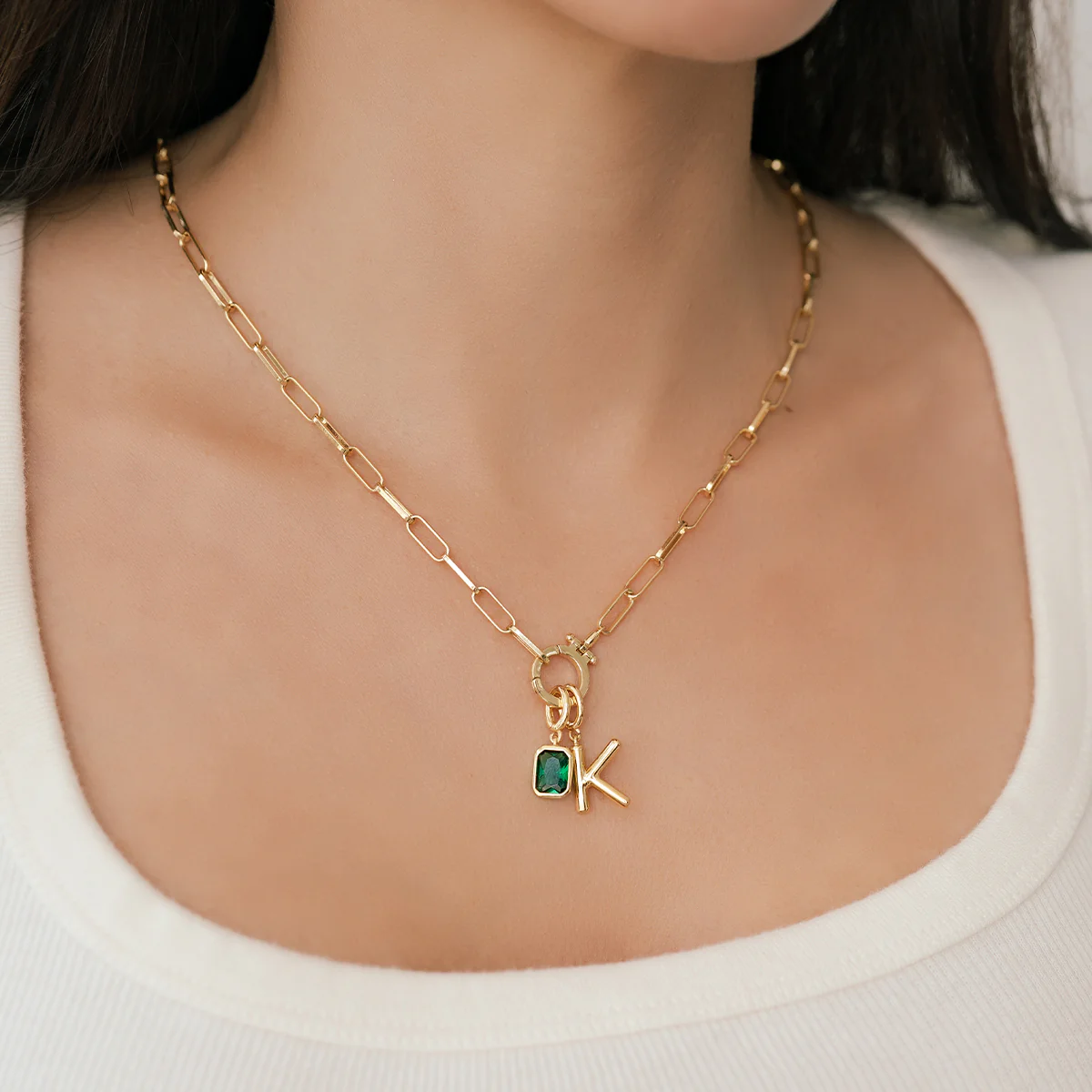 Mint Paperclip Necklace with Initial & Birthstone Charm - Image 40