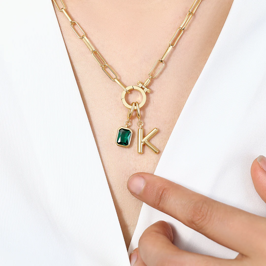 Mint Paperclip Necklace with Initial & Birthstone Charm - Image 9
