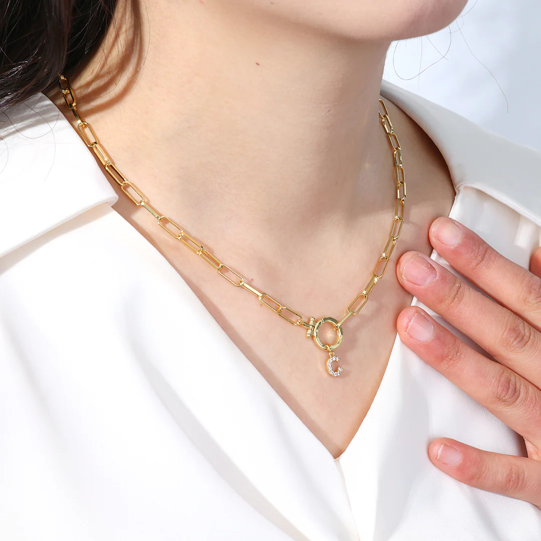 Mint Paperclip Necklace with Pave Initial Charm - Image 11