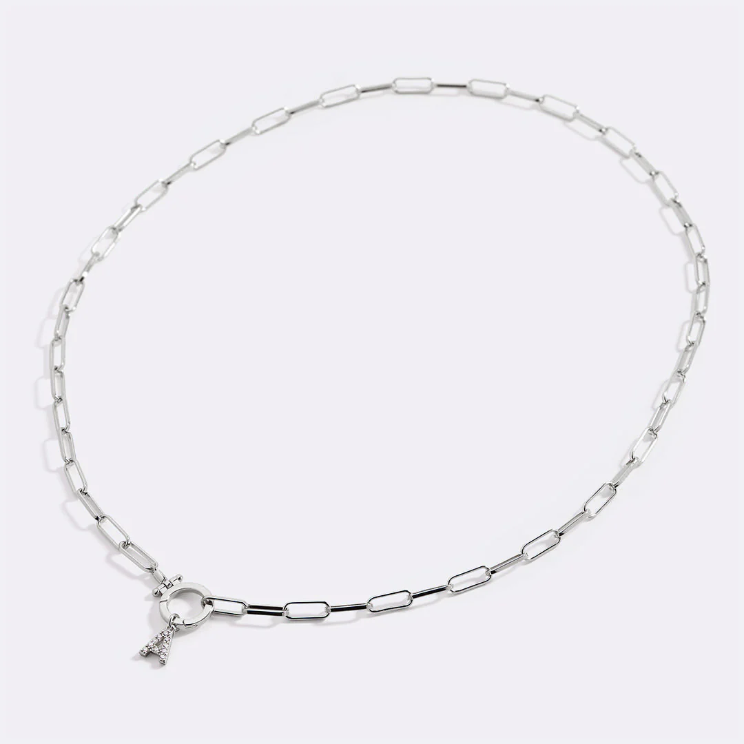 Mint Paperclip Necklace with Pave Initial Charm - Image 30