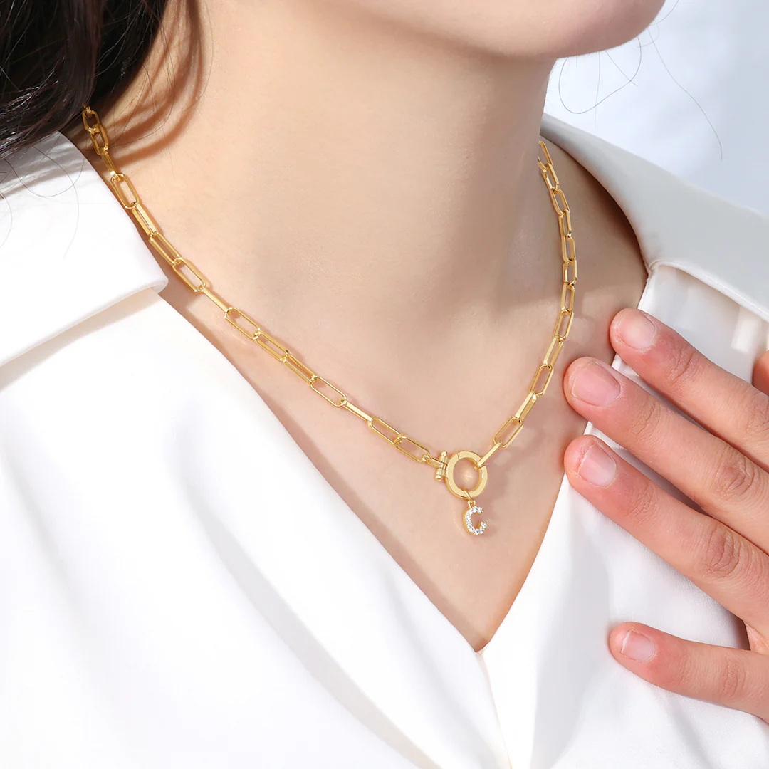 Mint Paperclip Necklace with Pave Initial Charm - Image 31