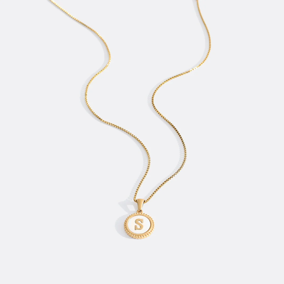 Mother of Pearl Disc Letter Necklace with Box Chain - Image 25
