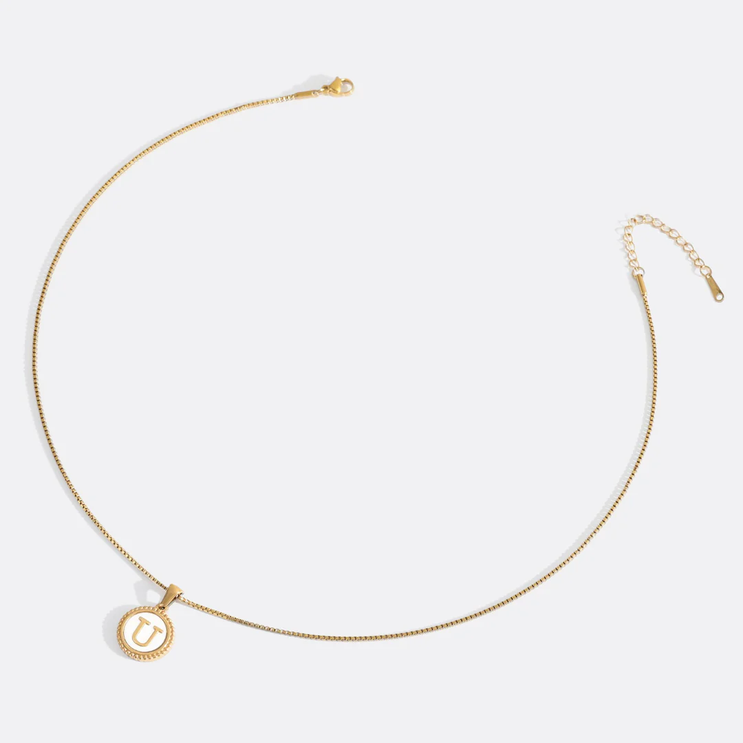 Mother of Pearl Disc Letter Necklace with Box Chain - Image 53