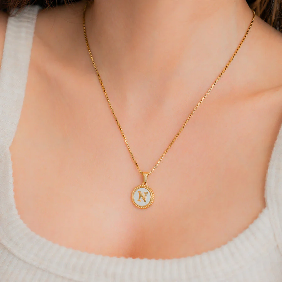 Mother of Pearl Disc Letter Necklace with Box Chain - Image 6
