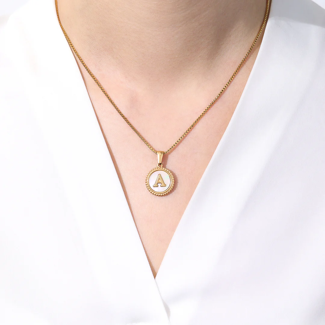 Mother of Pearl Disc Letter Necklace with Box Chain - Image 60