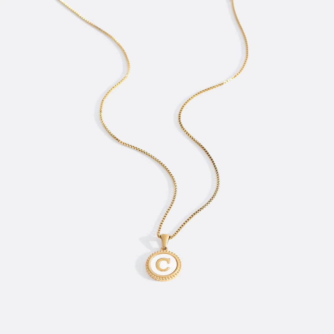 Mother of Pearl Disc Letter Necklace with Box Chain - Image 9