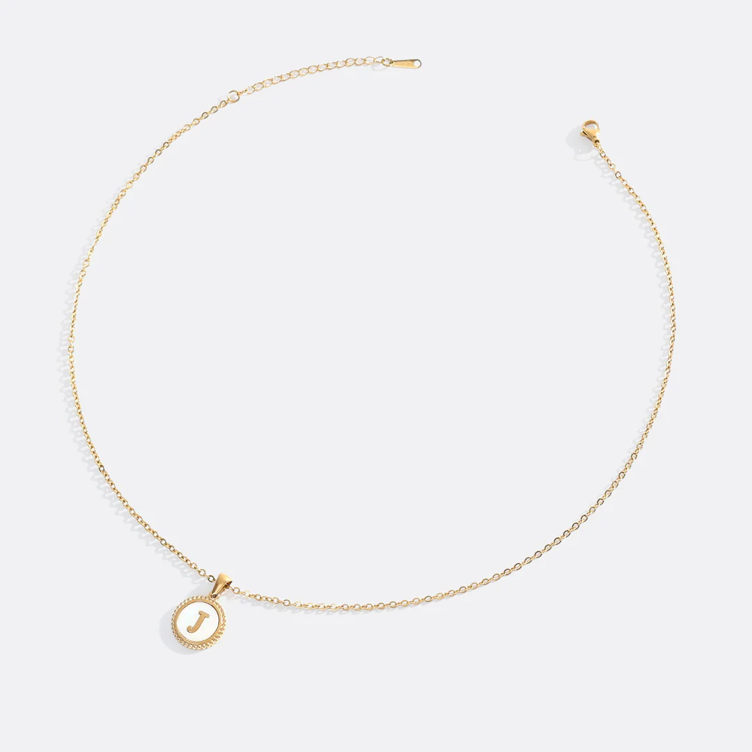 Mother of Pearl Disc Letter Necklace with Cable Chain - Image 26