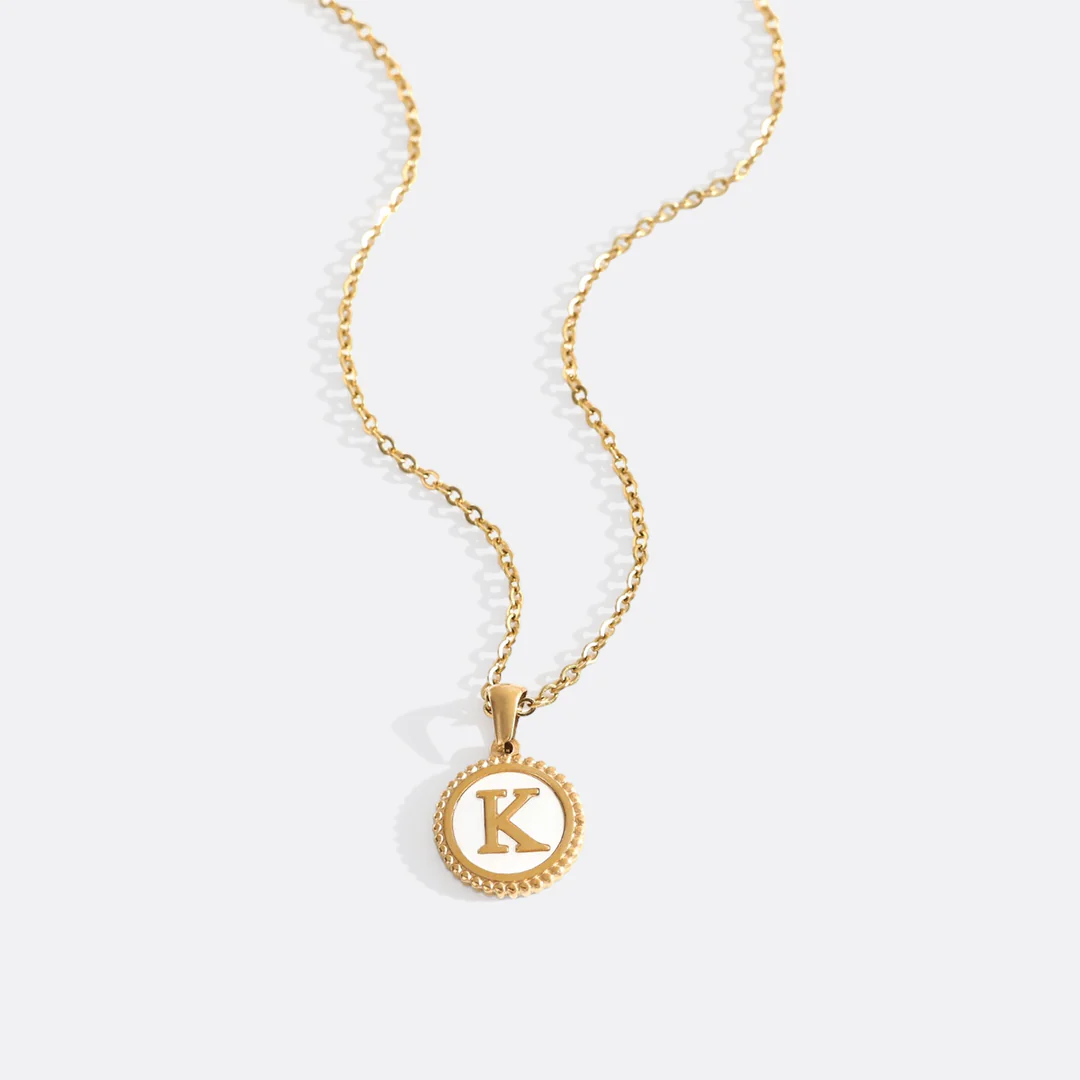 Mother of Pearl Disc Letter Necklace with Cable Chain - Image 27