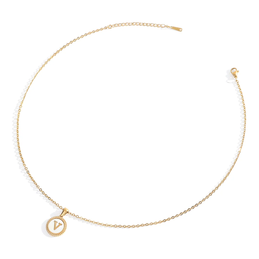 Mother of Pearl Disc Letter Necklace with Cable Chain - Image 3