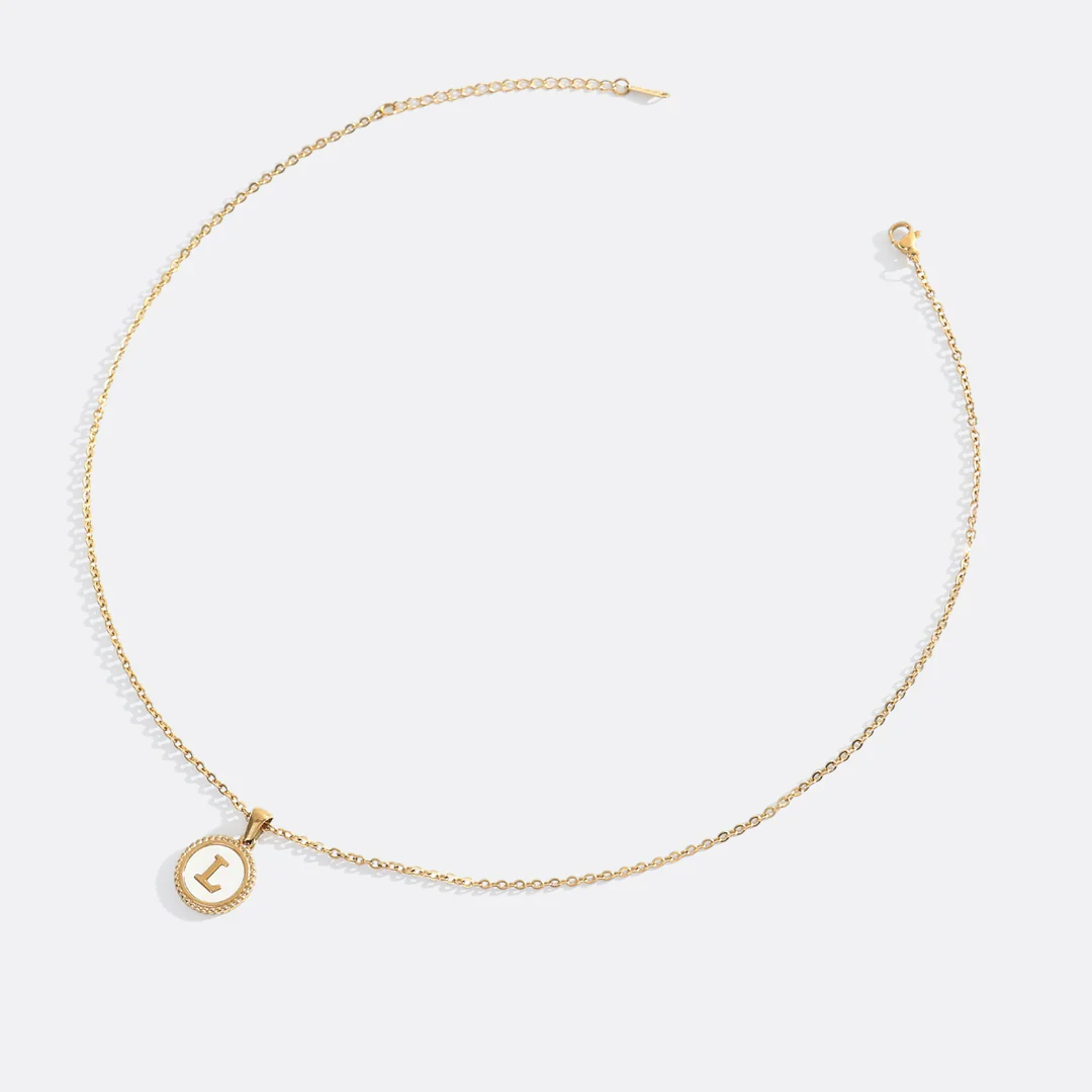 Mother of Pearl Disc Letter Necklace with Cable Chain - Image 30