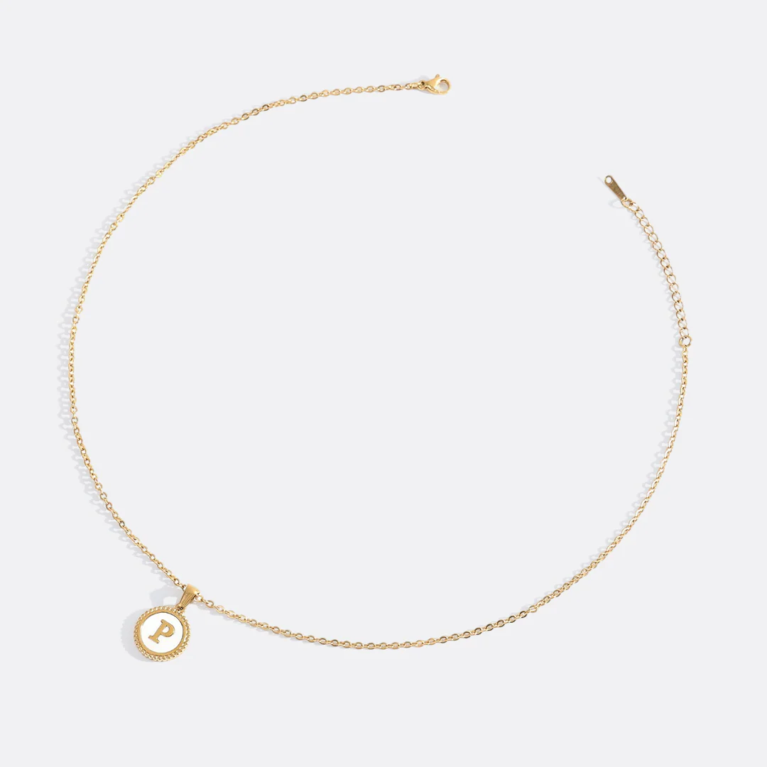 Mother of Pearl Disc Letter Necklace with Cable Chain - Image 38