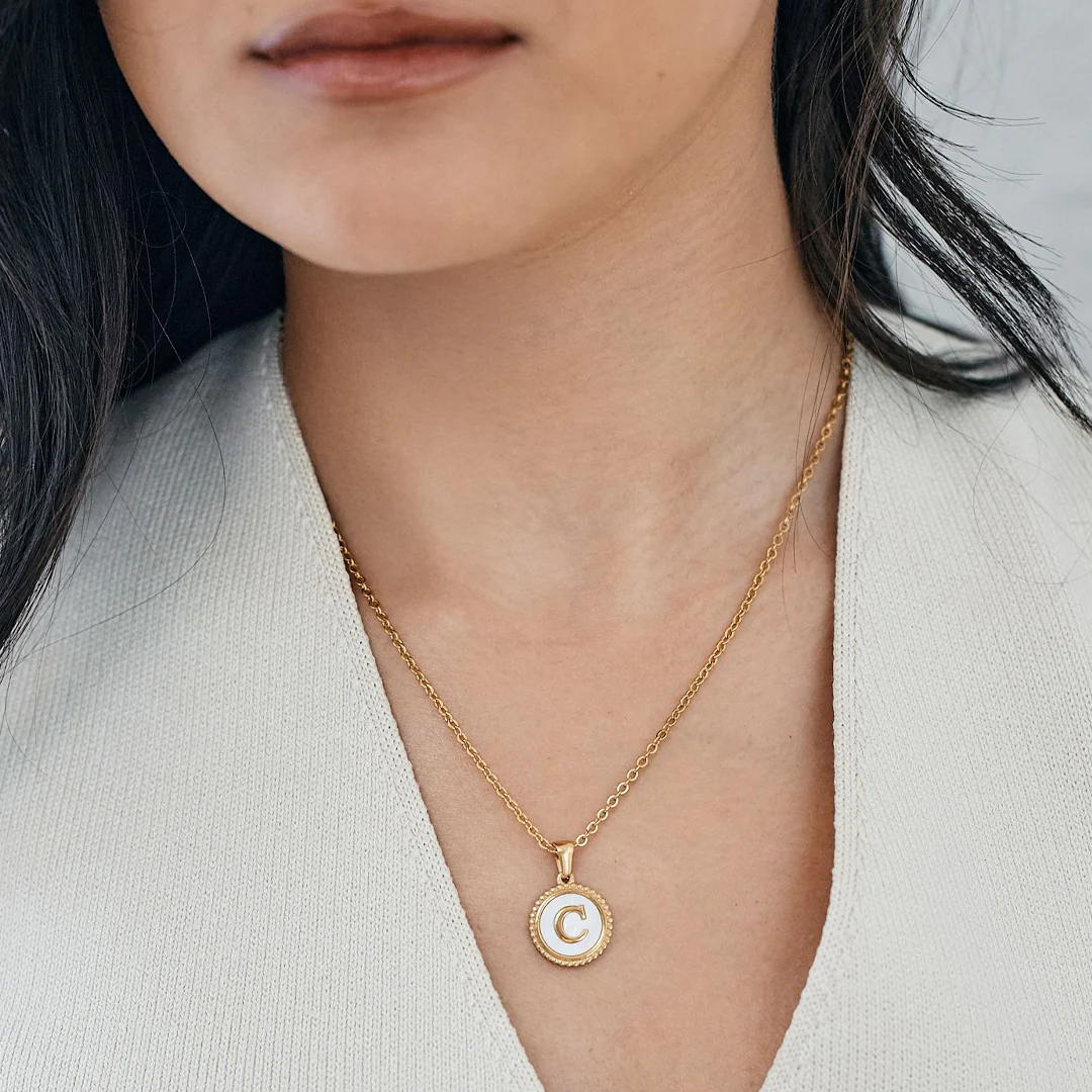 Mother of Pearl Disc Letter Necklace with Cable Chain - Image 58