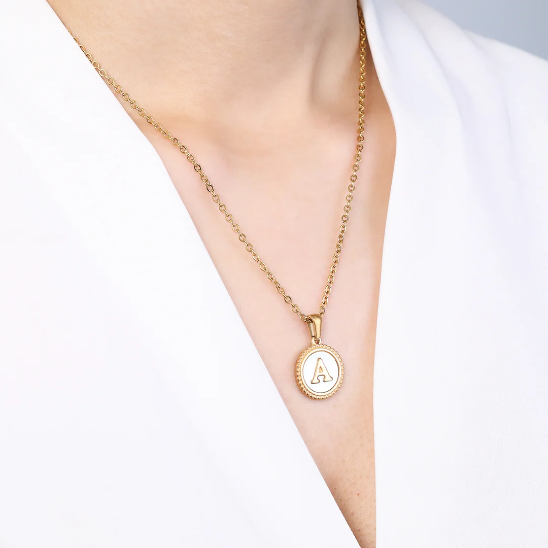 Mother of Pearl Disc Letter Necklace with Cable Chain - Image 59