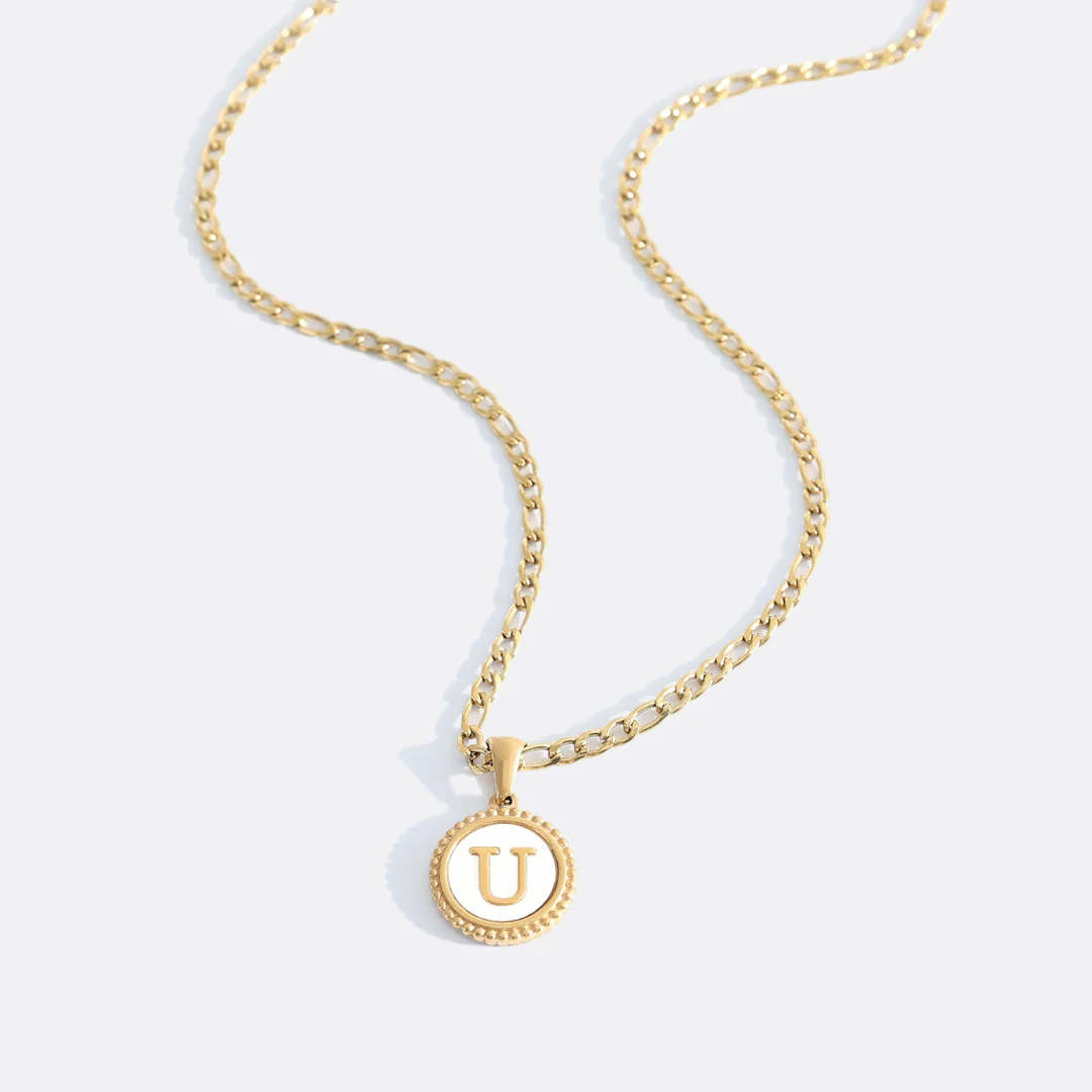 Mother of Pearl Disc Letter Necklace with Figaro Chain - Image 23