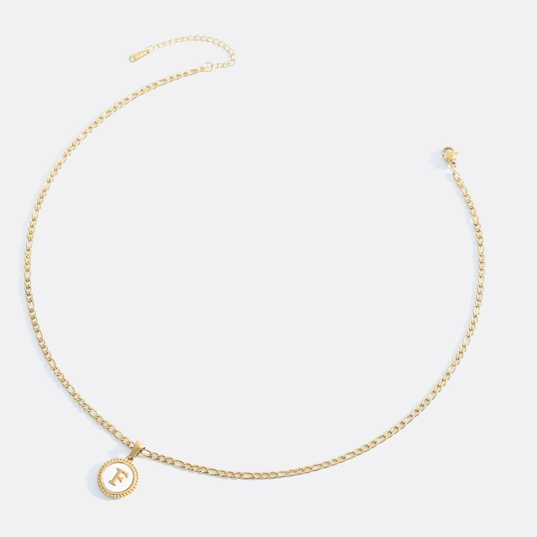 Mother of Pearl Disc Letter Necklace with Figaro Chain - Image 34
