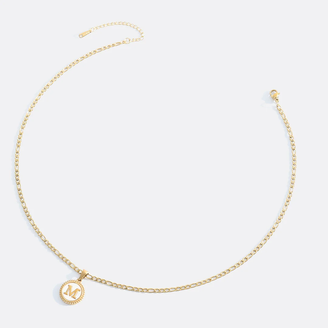 Mother of Pearl Disc Letter Necklace with Figaro Chain - Image 40