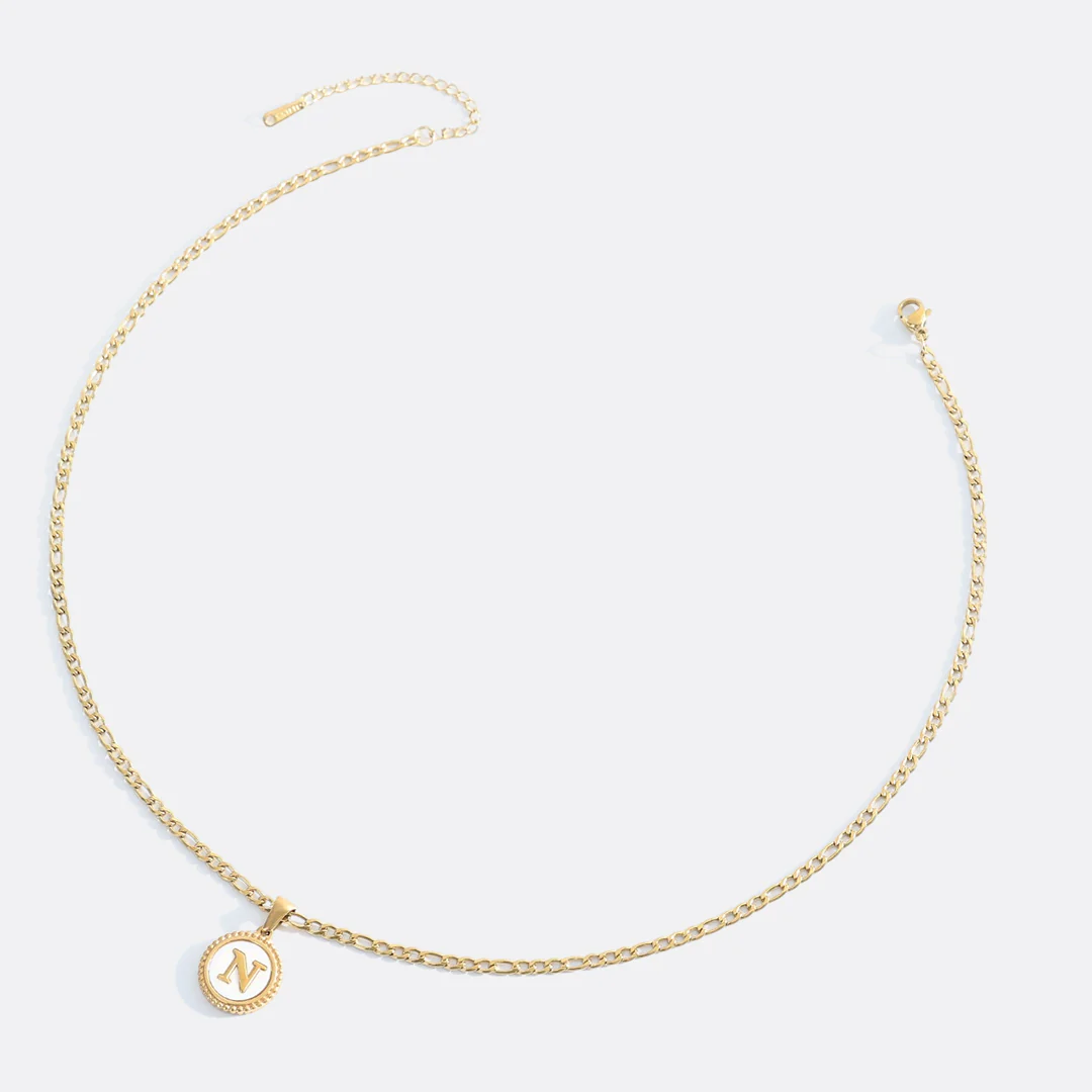 Mother of Pearl Disc Letter Necklace with Figaro Chain - Image 41