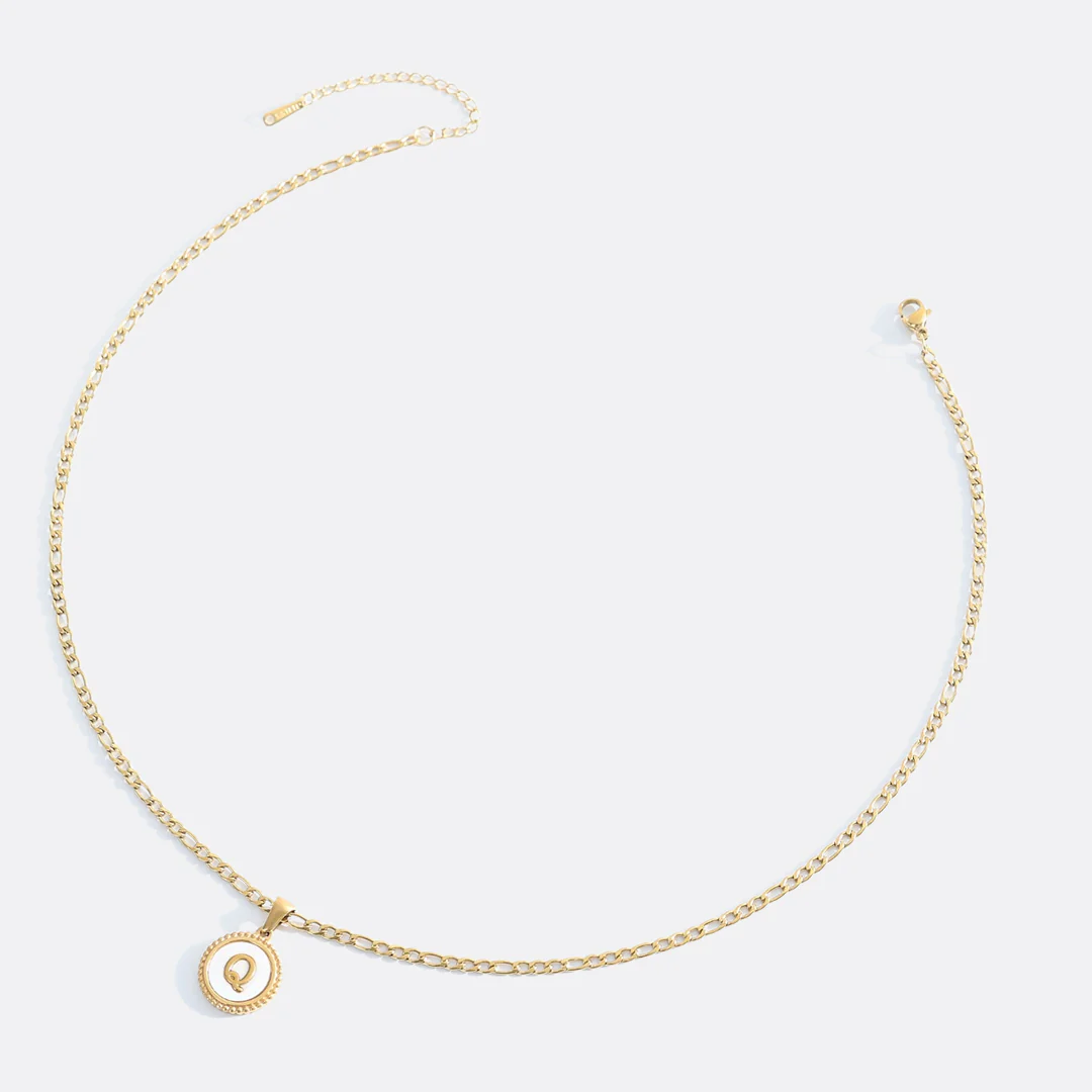 Mother of Pearl Disc Letter Necklace with Figaro Chain - Image 44