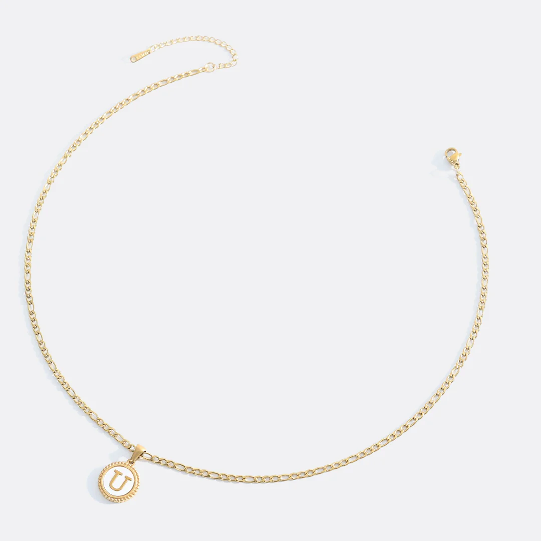 Mother of Pearl Disc Letter Necklace with Figaro Chain - Image 48