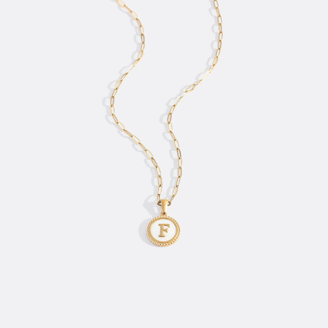 Mother of Pearl Disc Letter Necklace with Paperclip Chain - Image 10