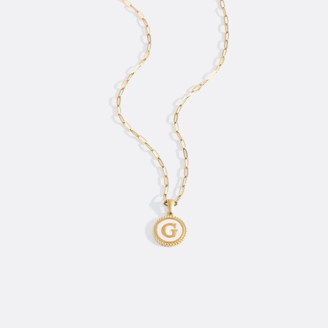Mother of Pearl Disc Letter Necklace with Paperclip Chain - Image 11
