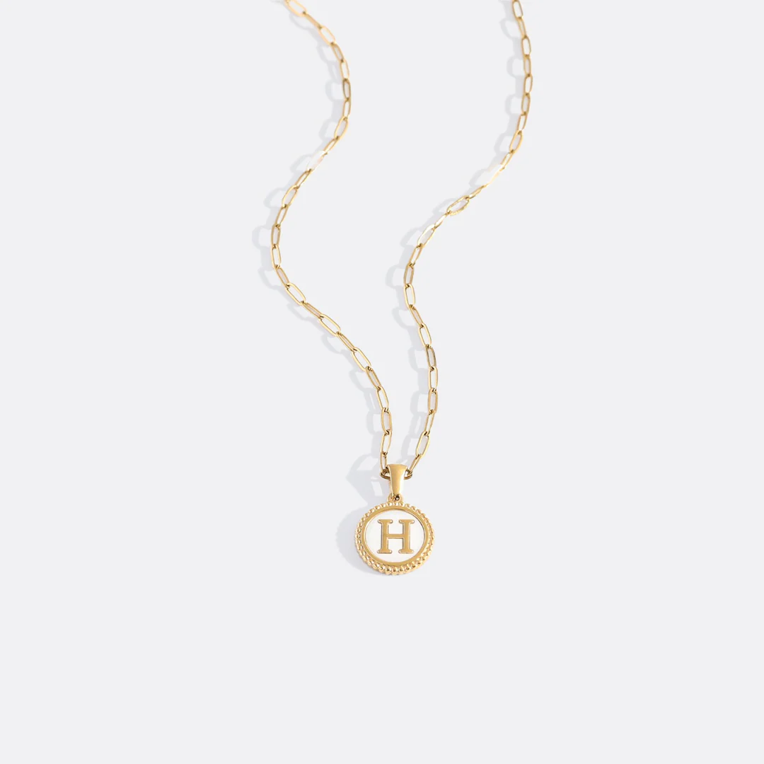 Mother of Pearl Disc Letter Necklace with Paperclip Chain - Image 12