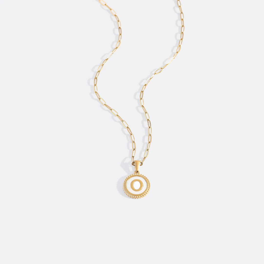Mother of Pearl Disc Letter Necklace with Paperclip Chain - Image 19
